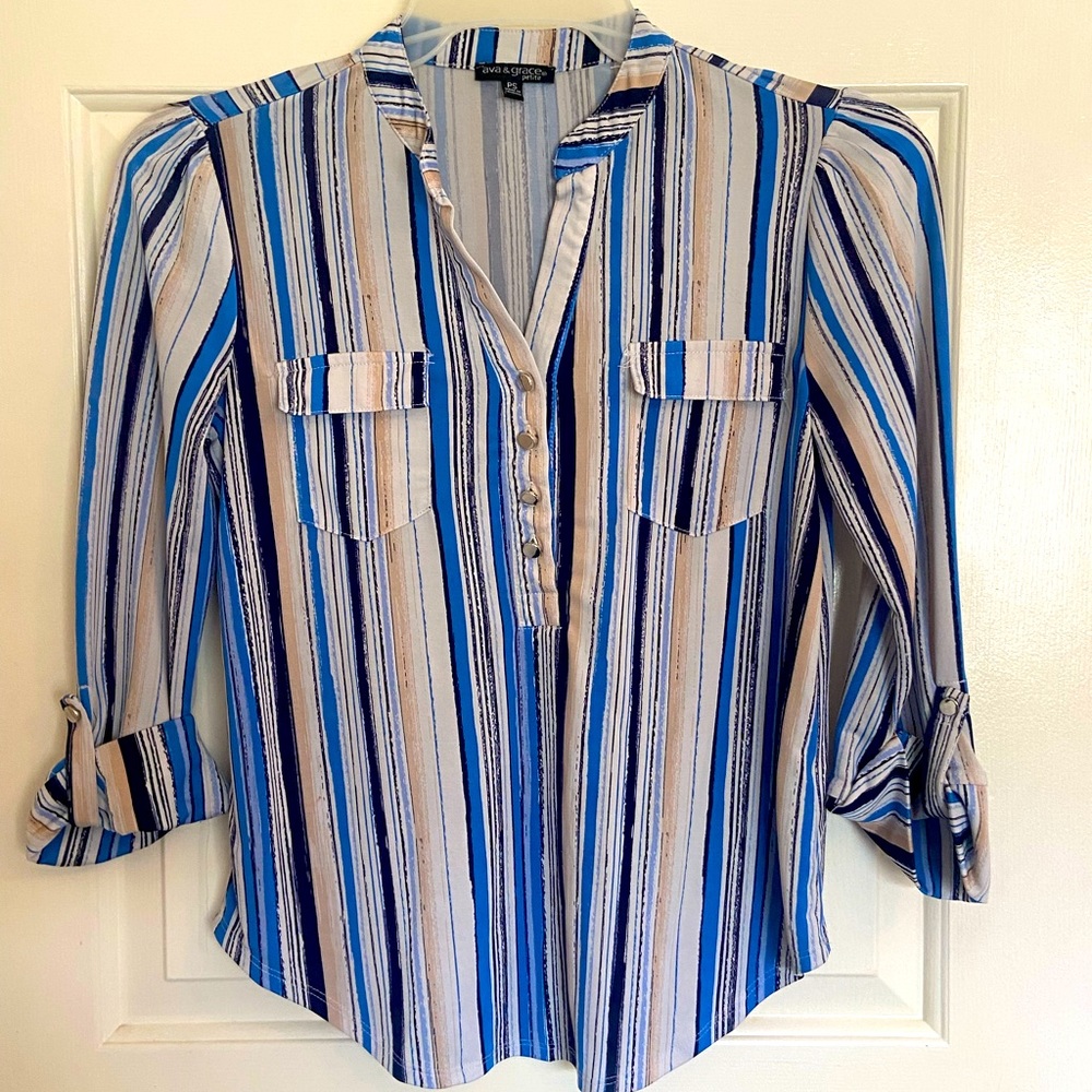 Ava and Grace: Silky Feel Multicolored Coastal Blouse. Button down, FrontPockets